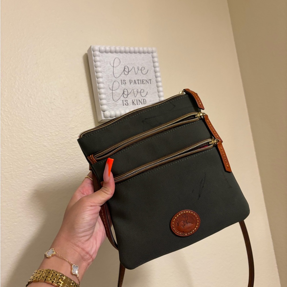Dooney & Bourke Olive Green Canvas Crossbody with Brown Leather Trim